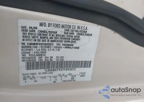 2000 Lincoln Continental z USA, uszkodzony, nr VIN 1LNHM97V3YY892072